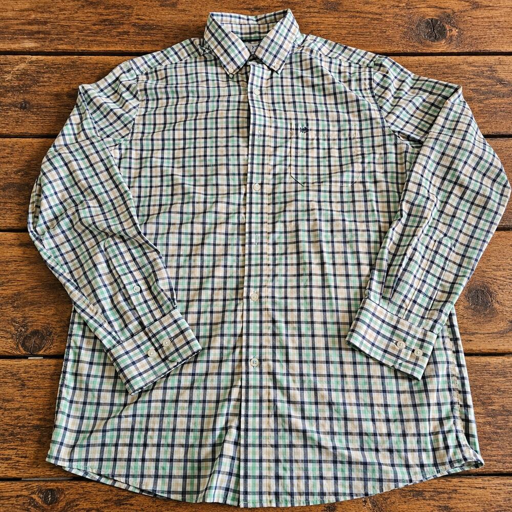 Southern Tide Shirt Mens M Green Navy Plaid Button Down Long Sleeve Pocket